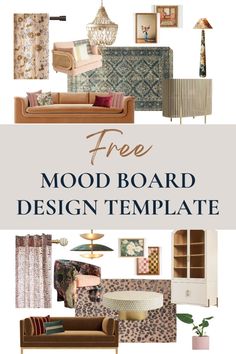 the mood board design template is shown with different furniture and decor items, including couches,