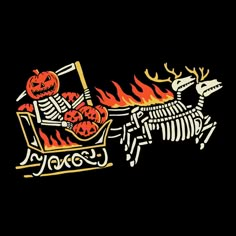 a skeleton riding a sleigh with pumpkins on it's back in the dark