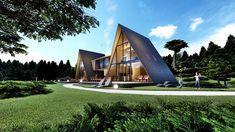 an artist's rendering of a modern house in the middle of a lush green field