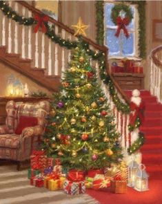 a christmas tree in the corner of a room with presents on the floor and stairs