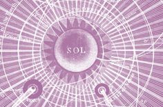 a purple and white illustration with the word sol surrounded by smaller circles in it's center