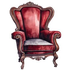 Furniture Clipart, Red Velvet Chair, Velvet Arm Chair, Antique Wooden Chairs, Pink Armchair, Chair Drawing, Red Armchair, Chair Furniture, Victorian Furniture