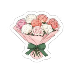 a bouquet of flowers in a pink paper sticker on a white background with a green ribbon