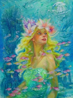 a painting of a woman with flowers on her head and fish around her neck, in the water