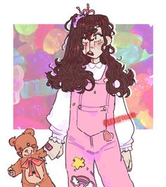 a drawing of a girl in overalls holding a teddy bear and standing next to her