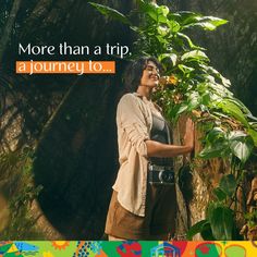 a woman standing next to a tree in the forest with an advertisement on it that reads more than a trip a journey to