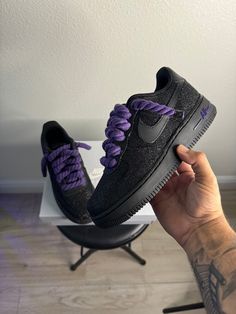 custom made af1 with black glitter and purple bottom with purple rope laces. Please select your size and I will get started on your shoes. No returns as these are customs and made to order. Purple And Black Shoes, White Forces, Purple Bottoms, Purple Bottom, Chill Room, Custom Air Force 1, Purple Shoes, Sneakers Athletic, Purple Lace