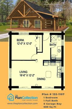 a small log cabin is shown with the floor plan