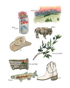 an illustration of various items that include cowboy hats, boots and other things to eat