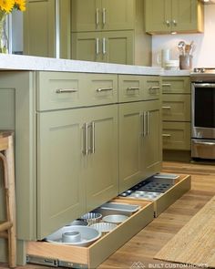 an open drawer in the middle of a kitchen with green cabinets and stainless steel appliances