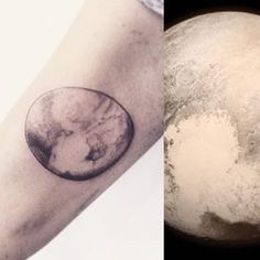 two pictures one with a half moon and the other with an earth tattoo on it