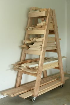 a large wooden shelf sitting next to a wall