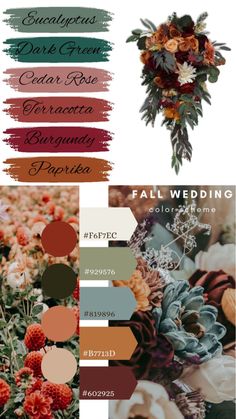 the color scheme for fall wedding flowers is shown in red, orange and green colors