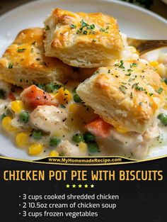 chicken pot pie with biscuits on a white plate