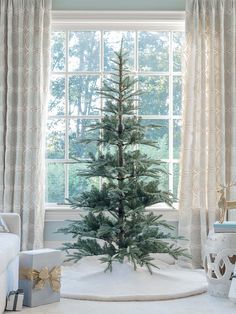 a small christmas tree sitting in front of a window