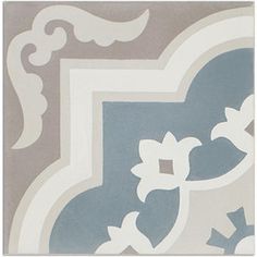 an artistic tile design in blue and grey colors with white flowers on the bottom corner