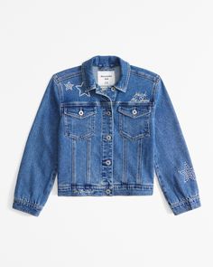 Classic denim jacket in an oversized-fit silhouette, with trendy embroidered details, pockets, logo shanks, intricate stitching details throughout and button-up front. Embroidered Denim Blue Outerwear, Medium Wash Washed Button-up Denim Jacket, Blue Embroidered Button-up Denim Jacket, Indigo Button-up Denim Jacket, Indigo Denim Jacket With Patch Pockets And Button-up, Classic Denim Jacket, Abercrombie Kids, Stitching Details, Oversized Denim Jacket