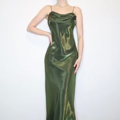 Green Cowl Neck Prom Dress Cowl Neck Prom Dress, 90s Formal Dress, Black Satin Slip Dress, 2000s Dress, Fairy Grunge Aesthetic, Blazer And Skirt Set, Fairy Aesthetic, Tiered Maxi Skirt, Green Prom Dress