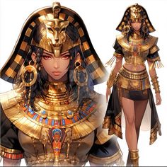 an egyptian woman dressed in gold and black with her headdress on, standing next to a white background