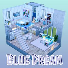 a blue dream house with stairs and furniture