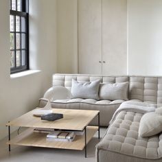 a living room with a couch, coffee table and bookshelf in front of a window