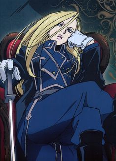 an anime character sitting in a chair with her hand on her head and looking at the camera