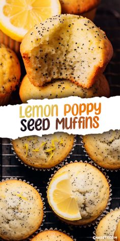 lemon poppy seed muffins on a cooling rack with the title overlay reads, lemon poppy seed muffins