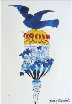 a drawing of a bird flying over a blue and yellow vase with flowers on it