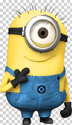 a cartoon minion with big eyes and blue overalls, standing in front of a white