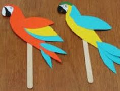 two colorful birds sitting on top of wooden sticks next to an orange and blue bird