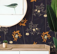 the wallpaper is designed with flowers and leaves in shades of blue, orange, yellow and grey