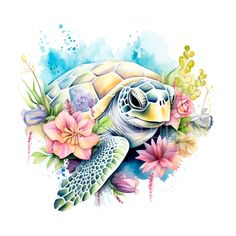 a watercolor painting of a turtle surrounded by flowers