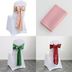 four different types of wedding chairs with bows on them and one is pink, the other green