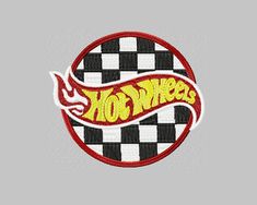 an embroidered patch with the word hot wheels on it in red and white checkerboard