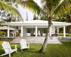 two white lawn chairs sitting in front of a palm tree on the grass near a house