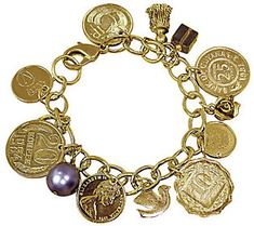 A bracelet you can bank on. An eye-catching piece, this goldtone bracelet shimmers with seven dangling foreign coins and five charms. Wear it to the office or out to dinner and enjoy the world on your wrist! From UPM Global, LLC. Coin Charm Bracelet, Foreign Coins, Fun Bracelet, Coin Bracelet, Coin Jewelry, Boho Bracelets, Ankle Bracelets, Cleaning Jewelry, Silver Bracelets