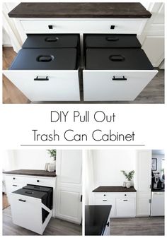 the diy pull out trash can cabinet is made from an old dresser and has been painted