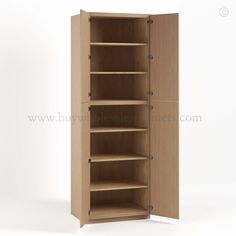 an empty wooden bookcase with shelves on the bottom and bottom, against a white background