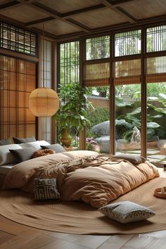 a large bed sitting inside of a bedroom on top of a wooden floor next to a window