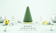 a merry christmas and happy new year card with a green tree surrounded by white balls