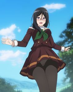 an anime character is standing in the grass with her hands out and looking at something