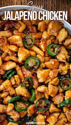 A white pan filled with spicy jalapeño chicken, resting on a wooden surface. Jalapeno Chicken, Carb Meals, Think Food, Chicken Dishes Recipes, Asian Dishes, Chicken Dinner Recipes, Dessert Bars, Weeknight Meals