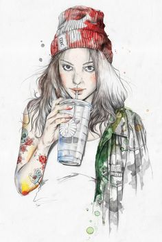 a watercolor painting of a woman drinking from a cup with tattoos on her arm