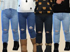 four women standing in front of each other wearing different colored clothes and boots, all looking at the same person's camera