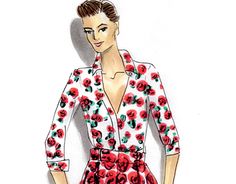 a drawing of a woman wearing a floral shirt and skirt with red flowers on it