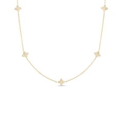 Roberto Coin Love in Verona necklace featuring fixed flower stations with diamonds set in the petals. Made in Italy, this necklace is crafted in 18K yellow gold and measures approximately 17" in length. Flower Station, Long Flowers, Roberto Coin, Station Necklace, Gold Flowers, Flower Necklace, Verona, Classy Outfits, Coin