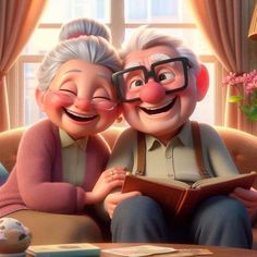 an older couple is sitting on the couch and looking at a book with their eyes closed