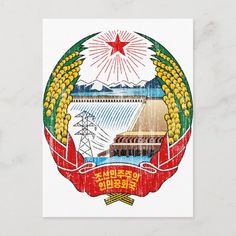 North Korea Coat Of Arms Postcard Size: ' ' Postcard. Gender: unisex. Age Group: adult. Material: Matte. Flags Of The World, North Korea, Postcard Size, Coat Of Arms, Age Group, Flag, Stars