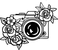 a camera with flowers on it and the word love is written in black ink next to it