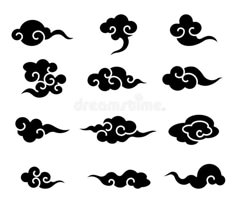 black and white clouds with swirls in the shape of waves on a white background